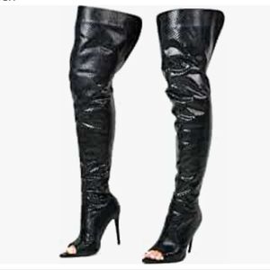 Faux Snakeskin peep toe thigh high boots